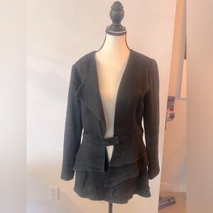 Society black linen blazer with ruffle detail